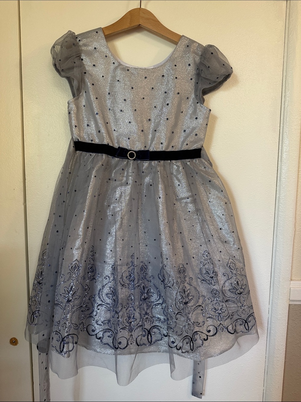 Jona Michelle Silver Dress with Navy Embroidery and Velvet Belt